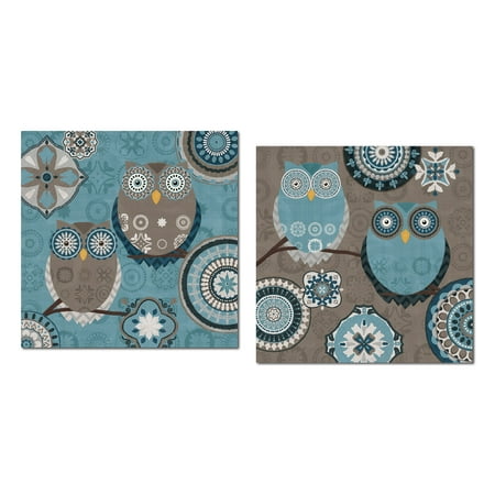 12x12 Patterned - Groovy Blue, Brown and Grey Decorative Patterned Owls by Veronique Charron; Two 12x12 Poster Prints