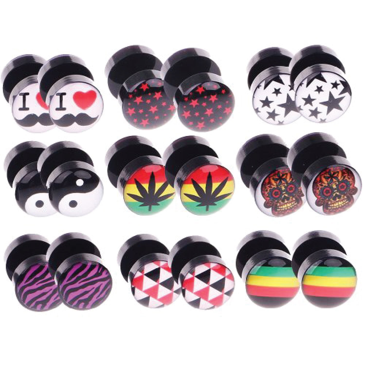 Black Acrylic Fake Ear Plugs Tunnel with Floral Skull  Logo & "O" Ring 
