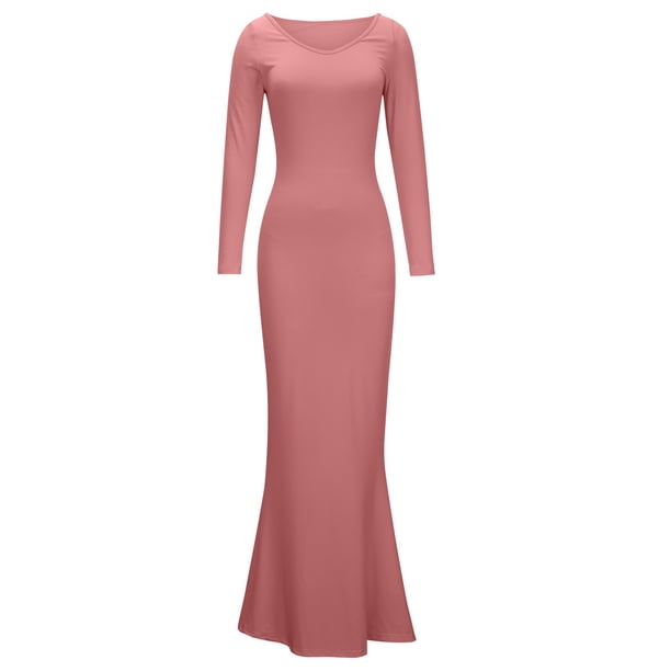 Maxi Dress for Women Slim Fitted Solid Color Long Sleeve Stretchy Long Dress  V Neck Elegant Formal Cocktail Dress - Walmart Business Supplies