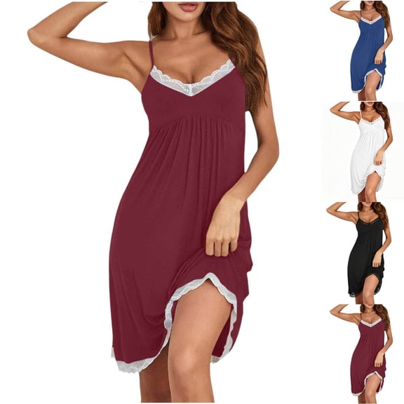 Antinious Women Solid V-Neck Sleeveless Lace Detail Loose Comfortable Stylish Casual Nightgown