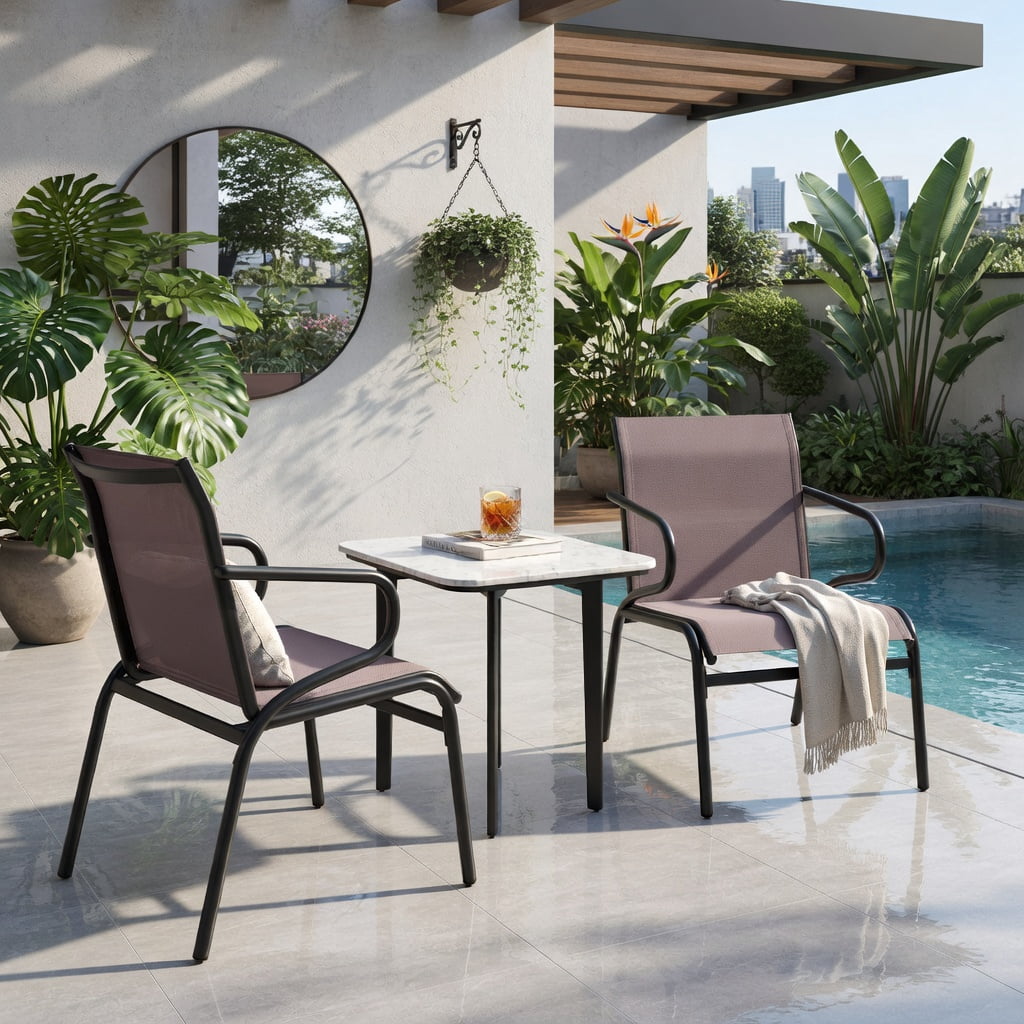 Hommoo Modern Outdoor Patio Chairs Set of 2, Breathable Fabric, Heavy-Duty Metal Frame, Ergonomic Design for Porch, Deck, Poolside & Garden, Black & Brown