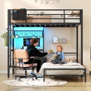 Metal Bunk Bed Twin Over Twin Size with Desk L-Shaped Bunk Bed with Led Lights & Charging Station for Adults, Twin Loft Bed Frame with Storage Shelves & Safety Guardrail & Ladder, Black