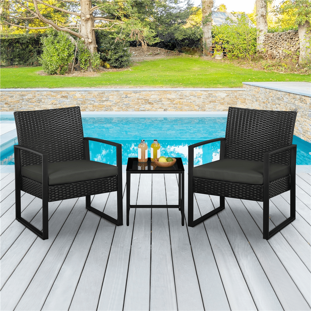 Renwick 3-Piece Patio Bistro Set with 2 PE Rattan Chairs and Table, Black/Gray