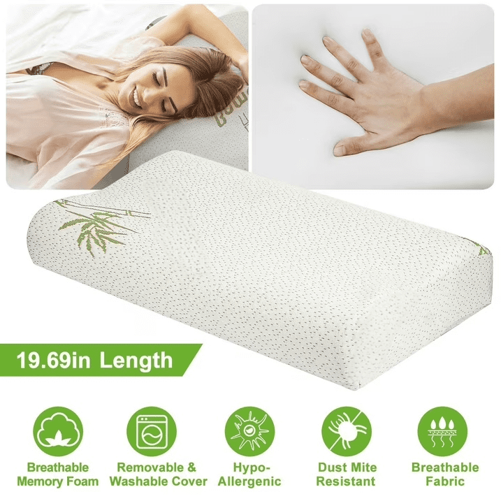 Bamboo Memory Foam Cervical Pillow Orthopedic Contoured Neck Support Pillow Breathable Washable Cover for Back & Side Sleepers