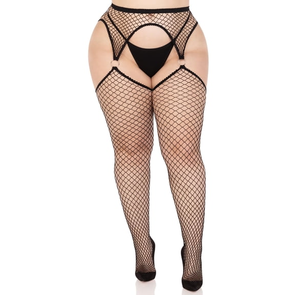 Leg Avenue Women's Industrial net stockings with O-ring attached garter belt, Black, 1X-2X