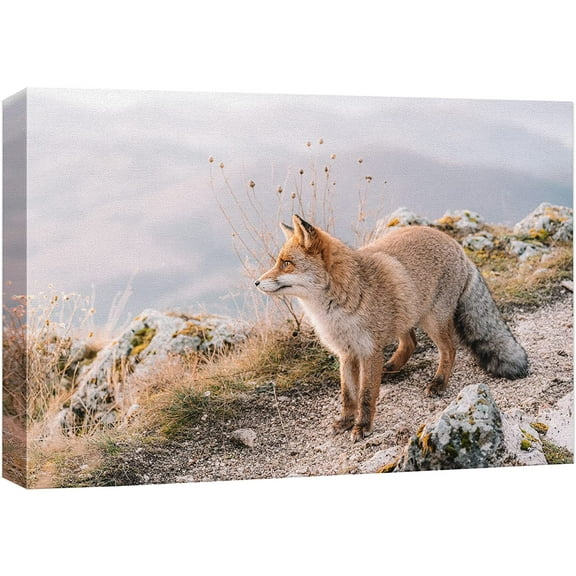 wall26 Canvas Print Wall Art Mountain Range Valley Countryside Red Fox Nature Animals Photography Realism Rustic Scenic Landscape Wilderness Zen Colorful for Living Room, Bedroom, Office - 24"x3