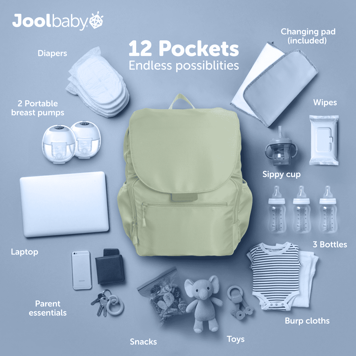 Jool Baby Diaper Backpack Bag with Changing Pad and Insulated Bottle & Breast Pump Pockets for Toddlers