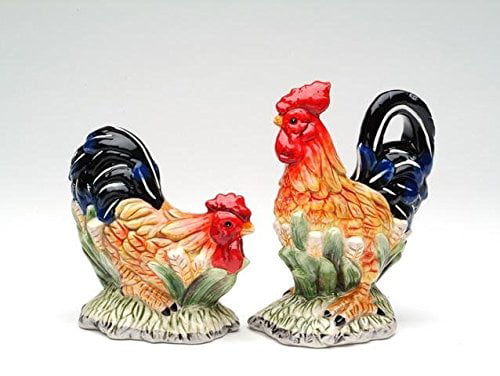 Cg SS-CG-56535 5 Inch Ceramic Rooster Salt and Pepper Shakers with Blue Tail Feathers 5