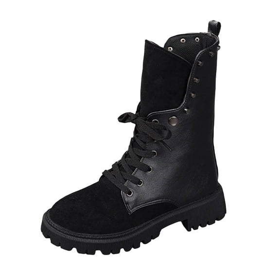 KELINFONG Fashion Combat Boots for Women Causal Lace up Lug Sole Mid Calf Boots Wide Width Booties