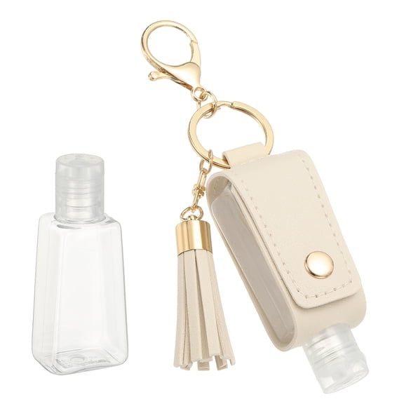 Portable Travel Empty Bottle with Keychain, 30ml PU Leather Mini Squeeze Bottles, Hand Liquid Refillable Container Travel Size for Toiletry Lotion Shampoo Liquid Soap, White