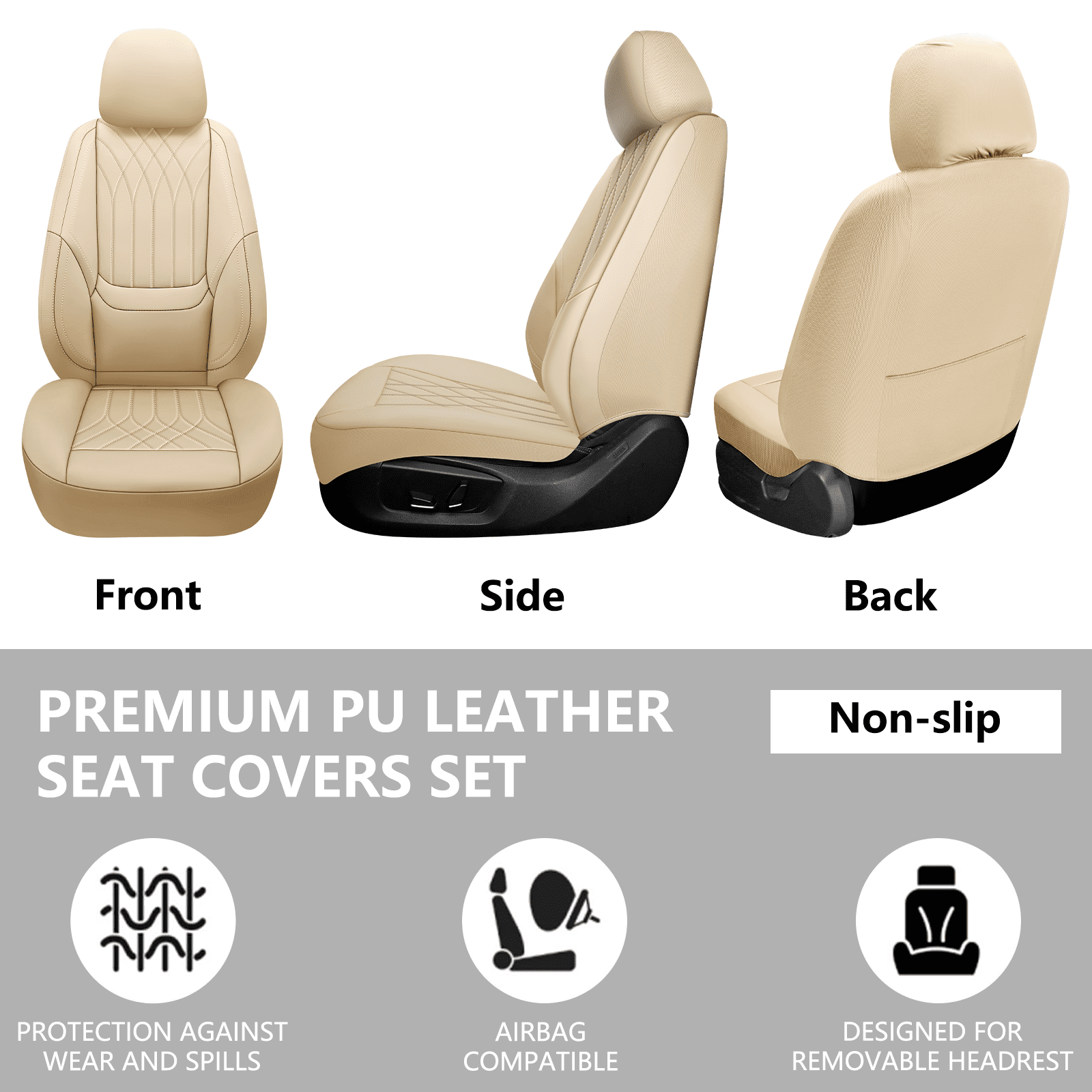 NS YOLO Premium Leather Car Seat Covers Front | Universal Car Seat Covers for Cars, Trucks & SUVs | Waterproof Front Seat Protectors, Beige