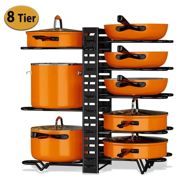 Organizador de ollas de metal negro | 8 niveles ajustables | Almacenamiento de ollas y sartenes | Soporte para tapa de olla | Construcción de hierro resistente | Ranura de silicona en forma de U