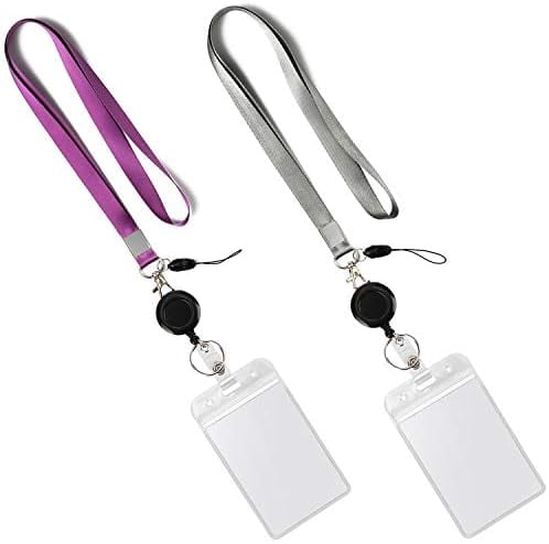 YOUOWO 2 Pack Lanyards with Vertical ID Badge Holders and Retractable Badge Reel with Clips,Office Neck Grey Purple Lanyard Waterproof