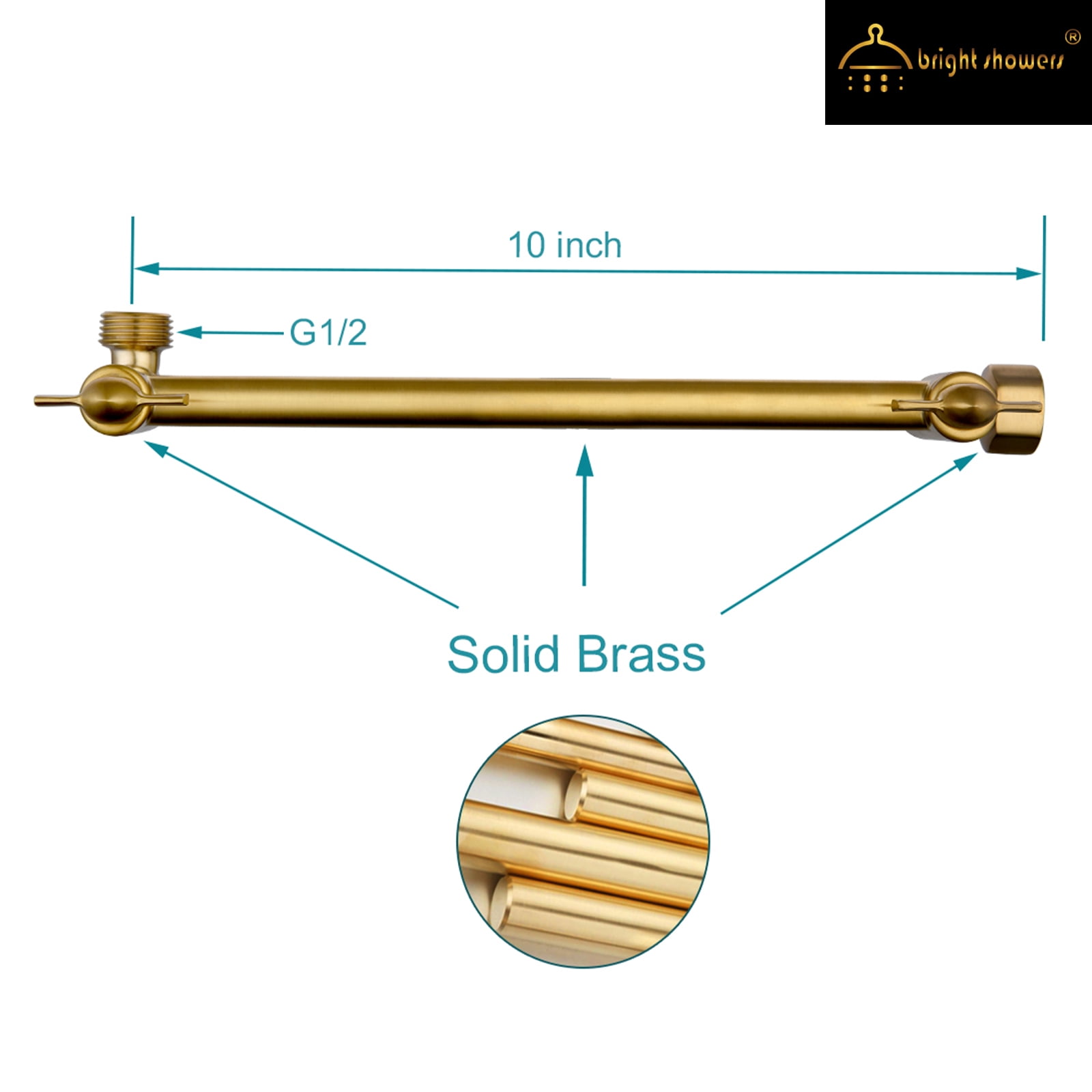 BRIGHT SHOWERS Brass Shower Head Extension Arm for Rain and Handheld Shower Head, 10 Inch Universal Shower Head Extender, Height & Angle Adjustable, Brushed Gold