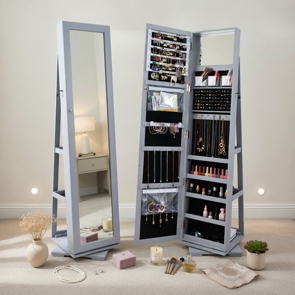 Resenkos Jewelry Armoire Cabinet, Jewelry Storage Chest,360° Rotatable 2-in-1 Lockable Jewelry Cabinet with Full-Length Mirror-Gray