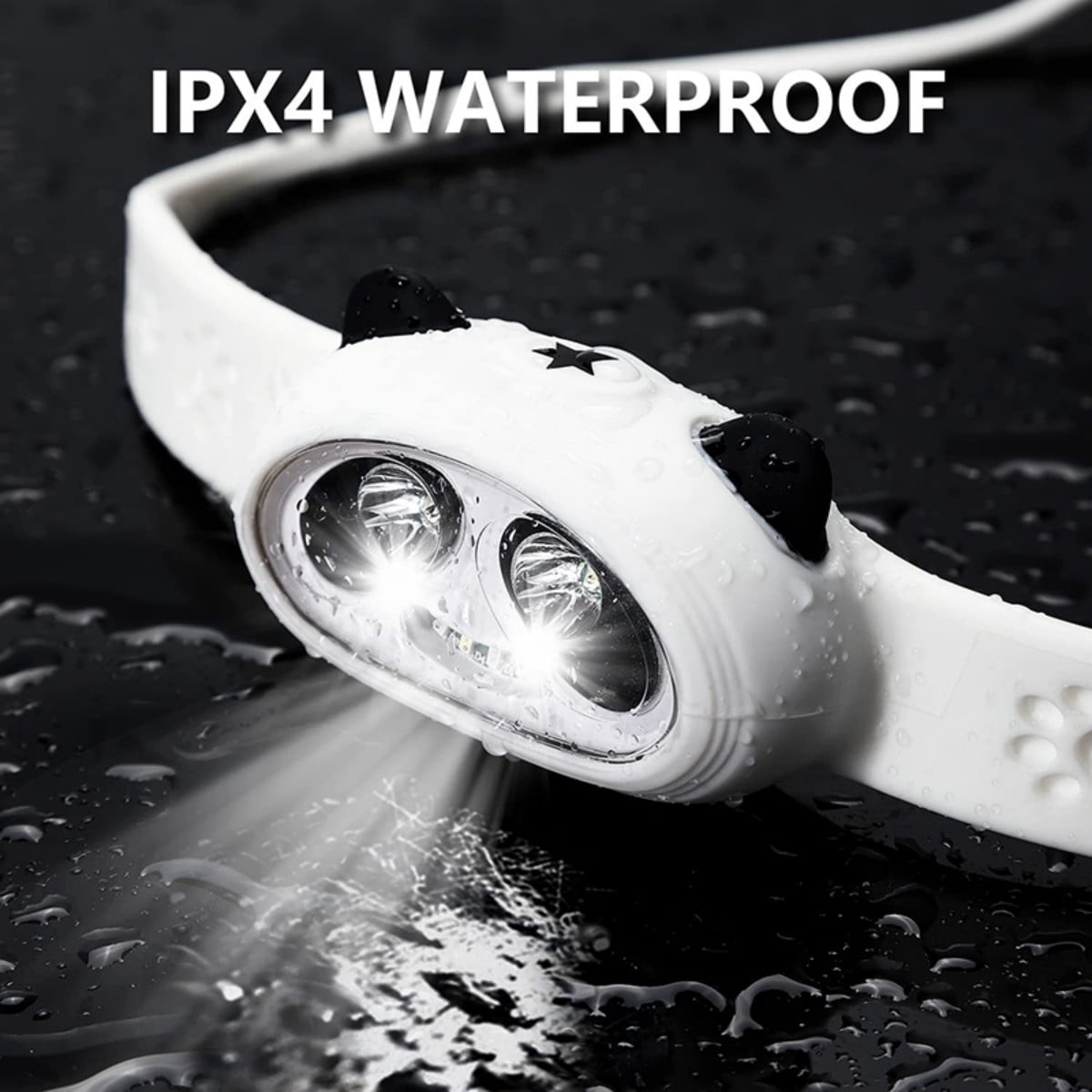 Panda Design Rechargeable LED Headlamp for Kids & Adults Waterproof, 6 Modes, 24H Battery, Adjustable & Comfortable for Camping, Fishing, Running, Reading(White)