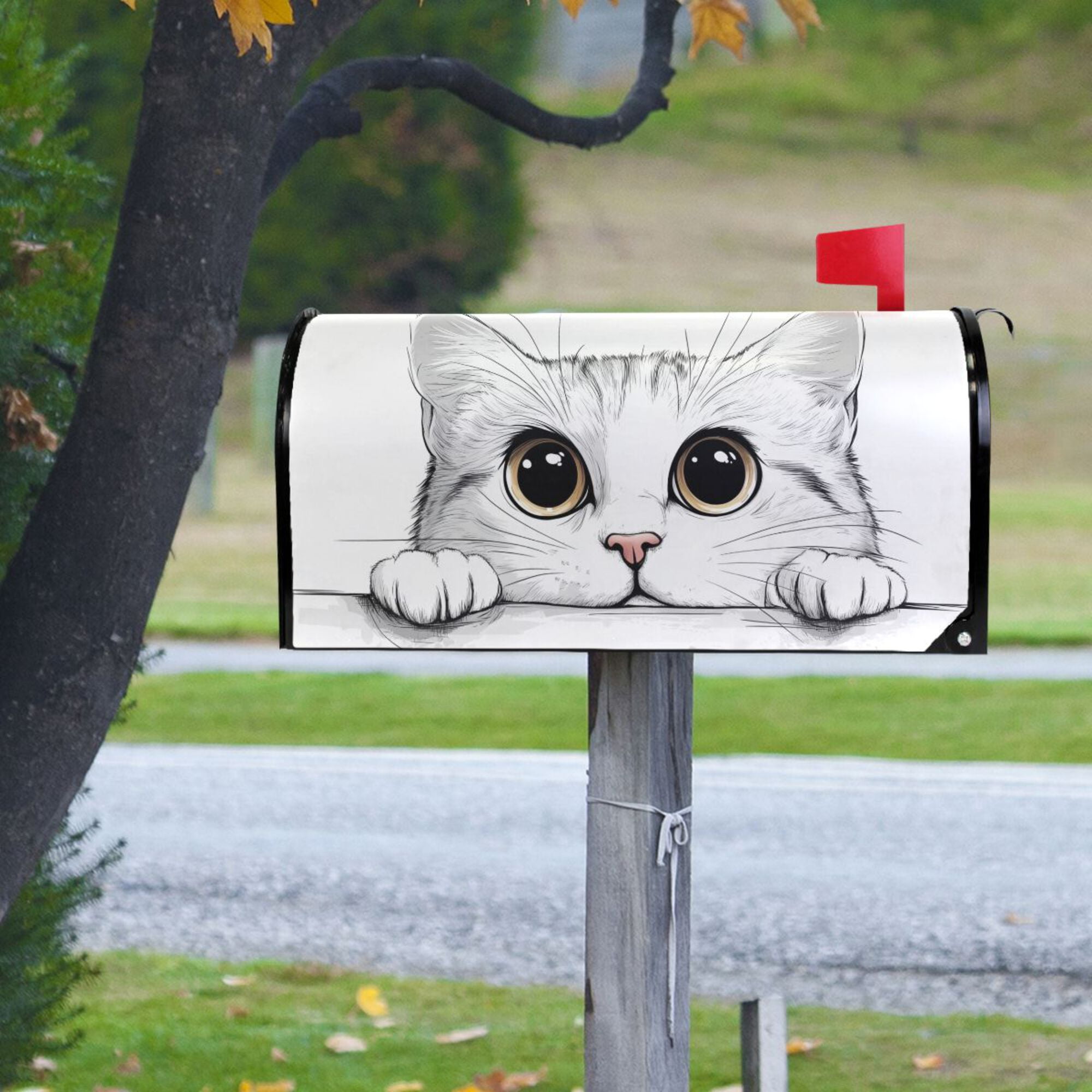 Yayeee Mailbox Cover Magnetic Large Size Post Box Cover Wrap Decor, White Cat