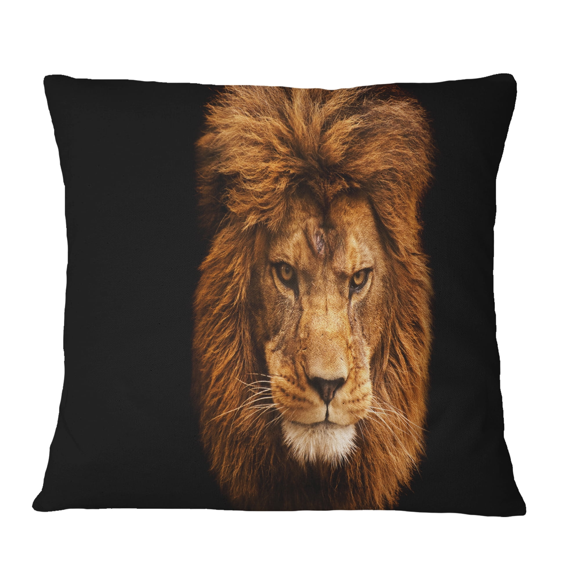 Designart Face of Male Lion on Black - Abstract Throw Pillow - 18x18