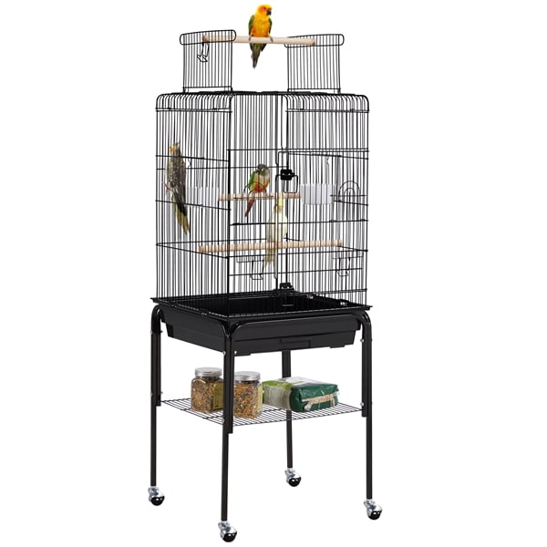 PawHut 51 Metal Bird Cage Parrot Play Spot Stand w/Wheel Storage Shelf Multi-Doors Black 
