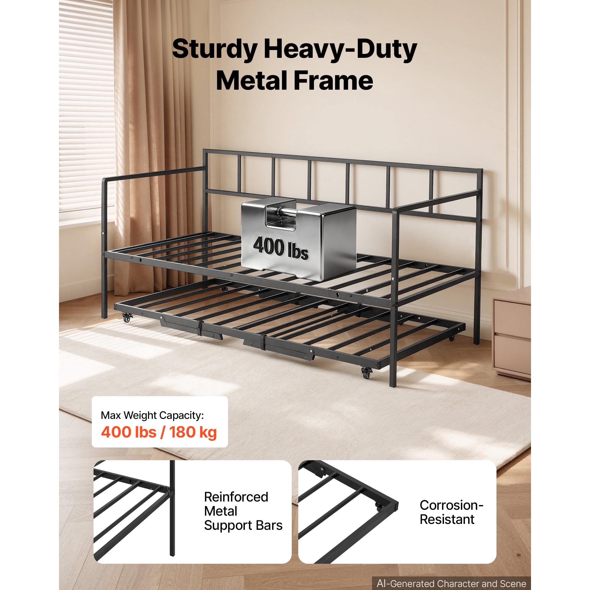 KFFKFF Twin Daybed with Pop-Up Trundle Metal Frame, Ideal for Living Room, Bedroom, or Guest Room, Space-Saving Design, Durable Metal Construction, Lockable Wheels, Simple Assembly, Black