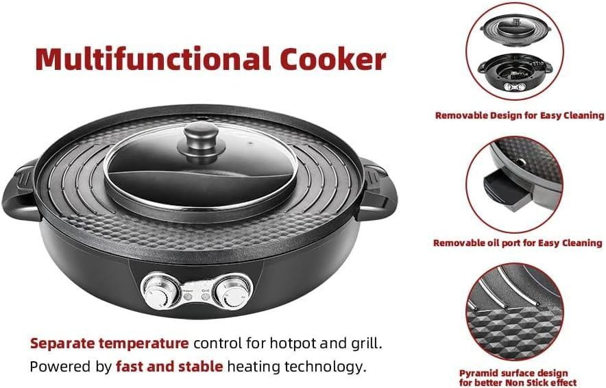 Food Party Hot Pot and Grill Electric Smokeless Grill with Separable C