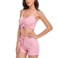 thumbnail image 4 of Bañador acanalado de una pieza para mujer, traje de baño de cintura alta con aros y cuello en V profundo, color sólido, rosa y negro, sin espalda, 4 of 5