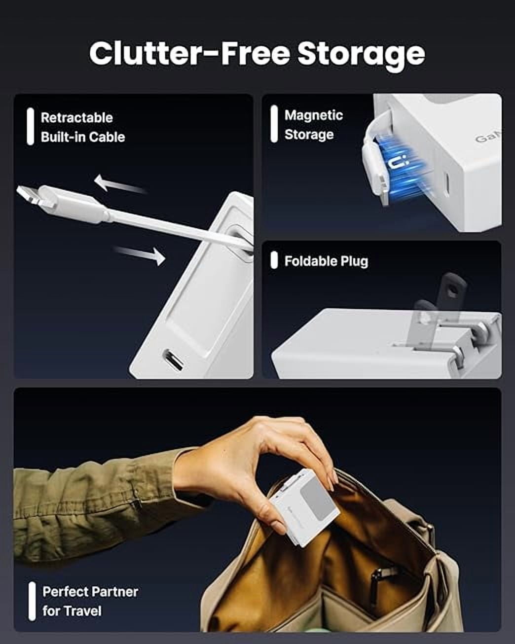 Gitryin Portable USB Phone Charger Block, Retractable Wall Charger with 33.5in Retractable Lightning Cable, 40W Fast Charging Block with USB C Port, Power Adapter with Foldable Plug for iPhone.