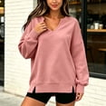 thumbnail image 5 of thefmos Women's Deep V Neck Long Sleeve Sweatshirt Side Slit Plus Size Solid Color Casual Fashion Pullover Fall Winter Clothes, Pink M, 5 of 6