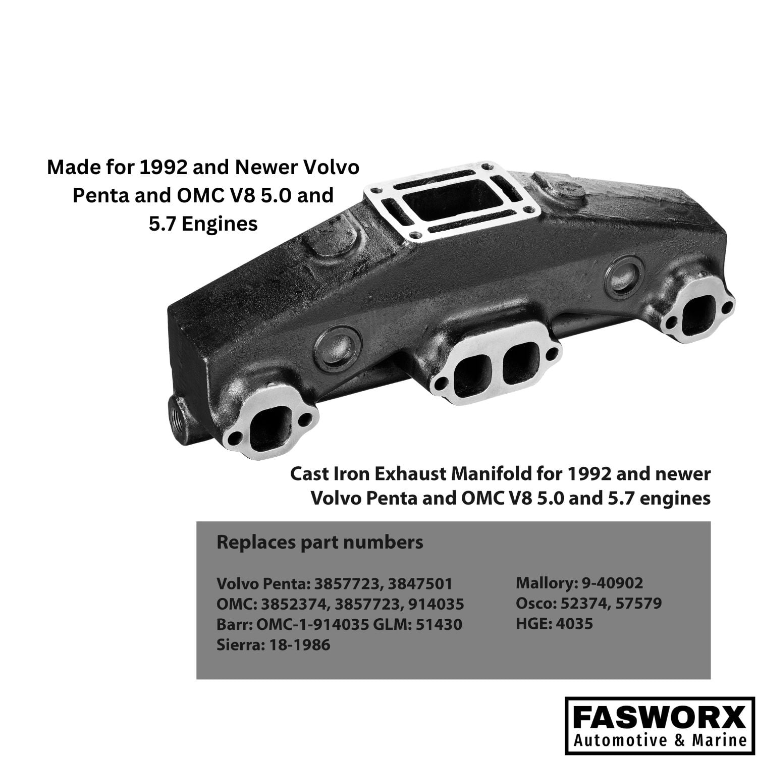 V8 5.0L 5.7L Volvo Penta OMC Exhaust Manifold Cast Iron, Gasket, and Bolts For Volvo Penta OMC Exhaust Systems in V8 Engines 1992 or Newer by FASWORX