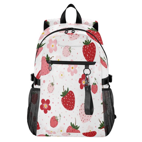 Full‑Print Casual Laptop Backpack, 20L Water‑Resistant Twill Tote Daypack with 14 Inch Computer Compartment for School Business Travel Cute Strawberries