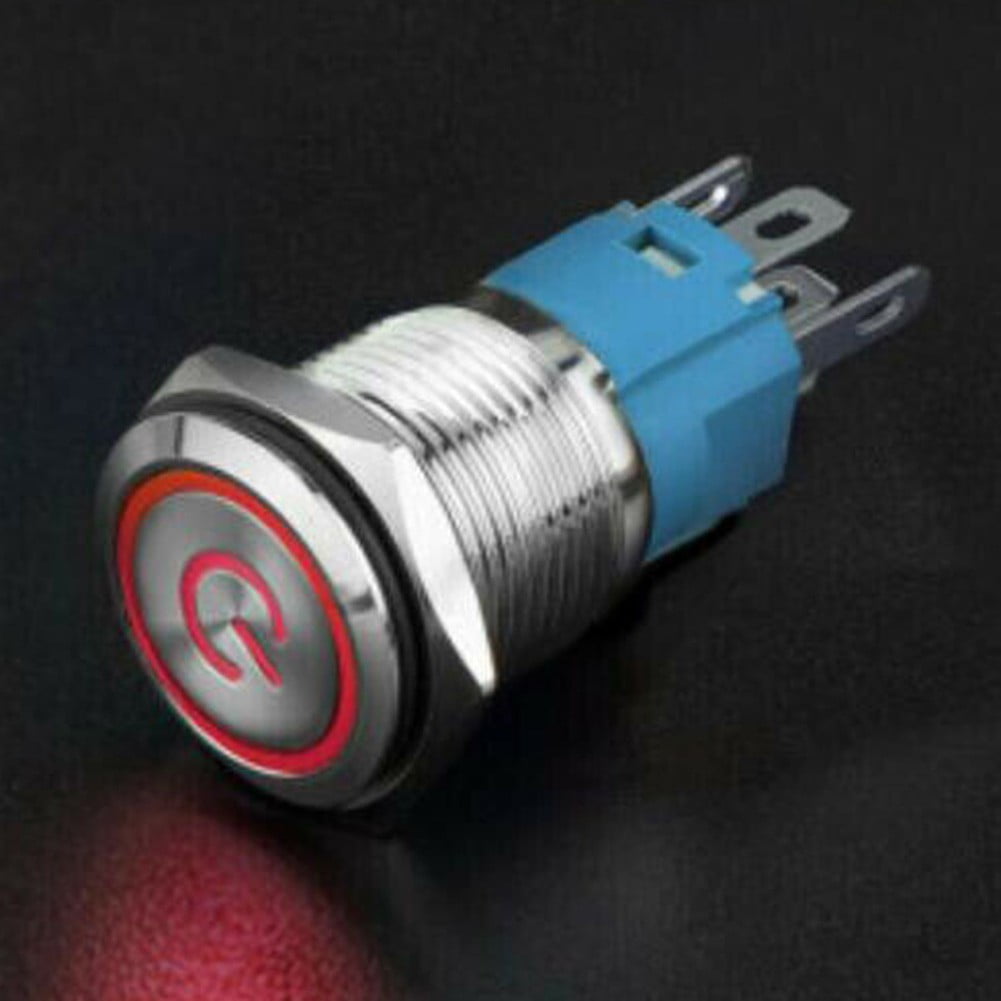 16mm 12V LED Push Button Power Switch - Latching On/Off With Wire Harness, Silver, 5A