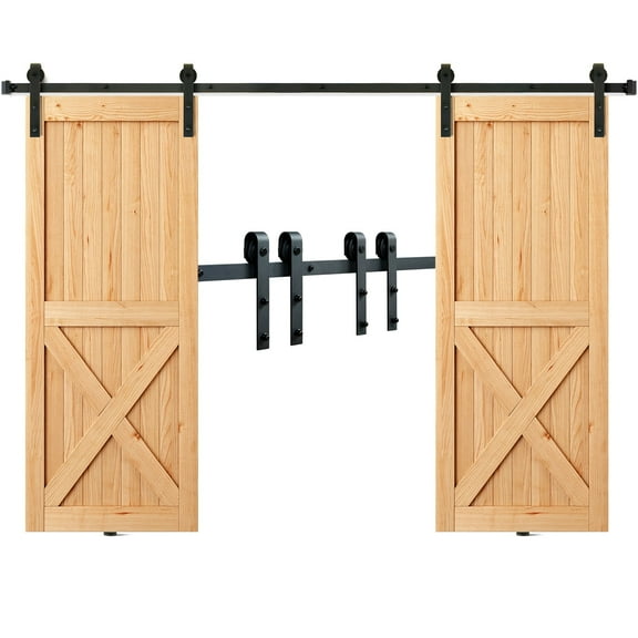 VEVOR 8FT Sliding Barn Door Hardware Kit, 330LBS Heavy Duty Barn Door Track Kit for Double Doors, Fit 3.7-4.3FT Total Wide and 1.3"-1.8" Thick 2 Door Panel (J Shape)