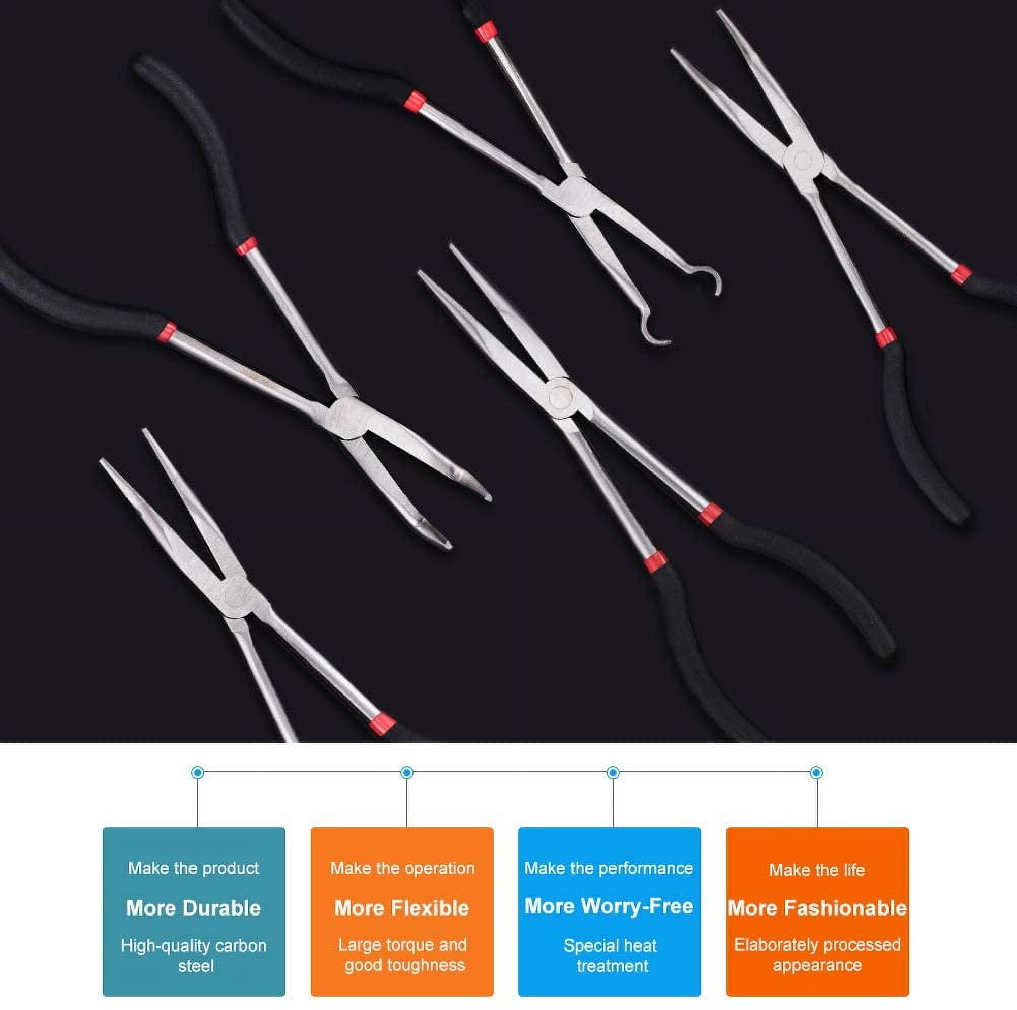 5 Pcs Mini Carbon Steel Lengthened Jewelry Plier Sets Include 25°45°90°Curved Nose Pliers Long for Jewelry Making Reach Hose Grip Pliers and Straight Needle Nose Pliers