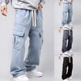 thumbnail image 2 of Luwomo Men Jeans High Waist Long Wide Leg Retro Loose Streetwear Drawstring Male Denim Pants, 2 of 6
