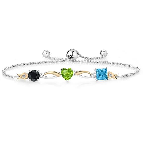 Gem Stone King 925 Silver and 10K Yellow Gold Black Sapphire Green Peridot Swiss Blue Topaz and Lab Grown Diamond Tennis Bracelet for Women By Keren Hanan (2.26 cttw, Adjustable up To 9 inch)