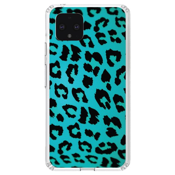DistinctInk Clear Shockproof Hybrid Case for Google Pixel 4 (5.7" Screen) - TPU Bumper, Acrylic Back, Tempered Glass Screen Protector - Teal Black Leopard Skin Spots