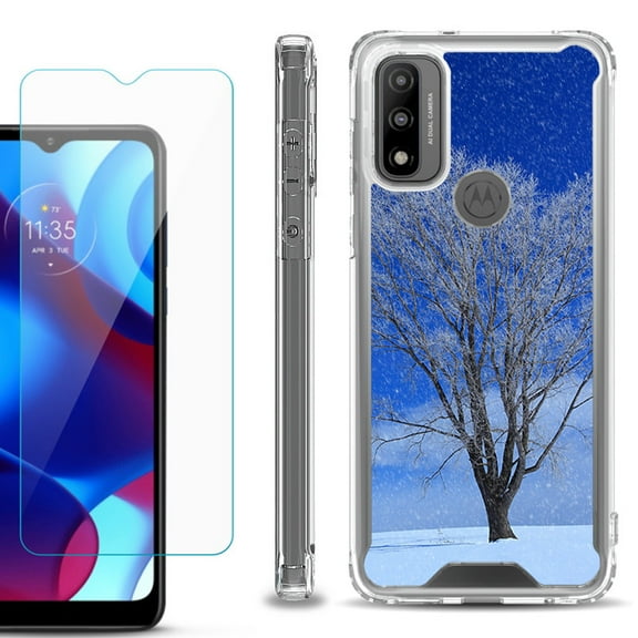 Shockproof Bumper Phone Case for Motorola Moto G Pure, with Tempered Glass Screen Protector, by OneToughShield ® - Snowing Tree