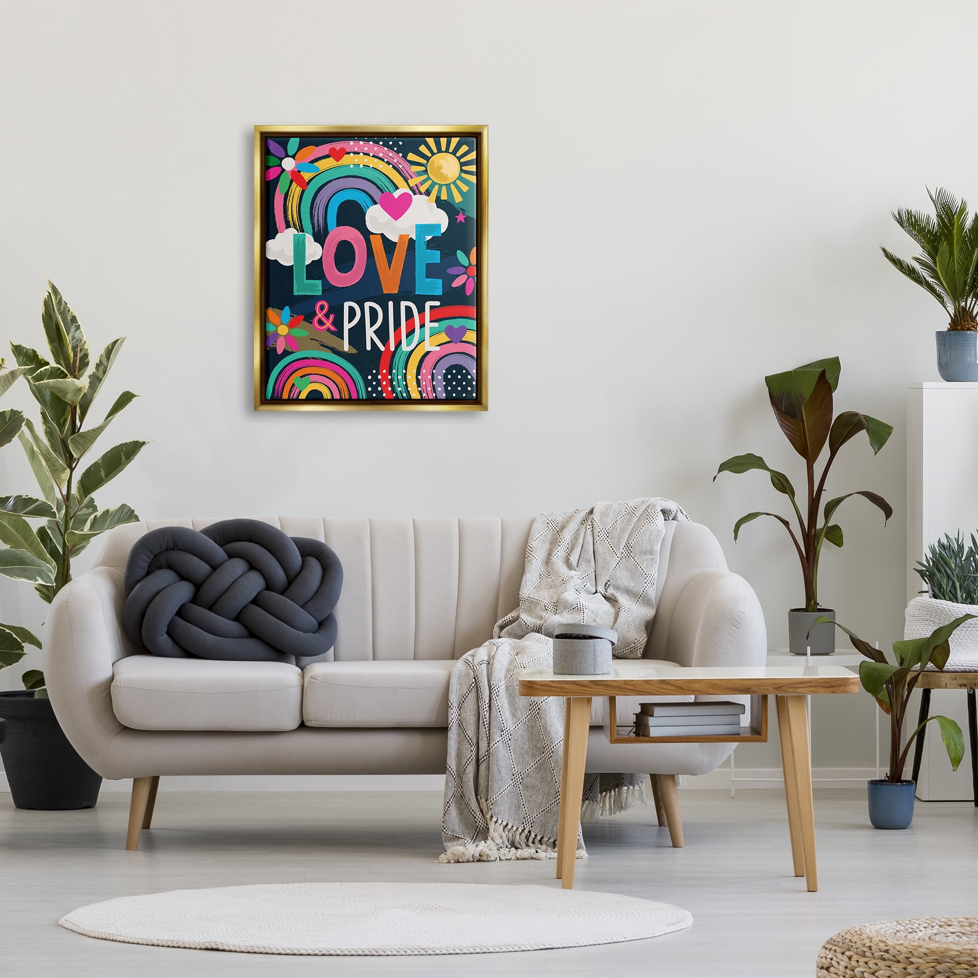 Stupell Industries Love & Pride LGBTQ Floral Rainbows Holiday Painting Gold Floater Framed Art Print Wall Art