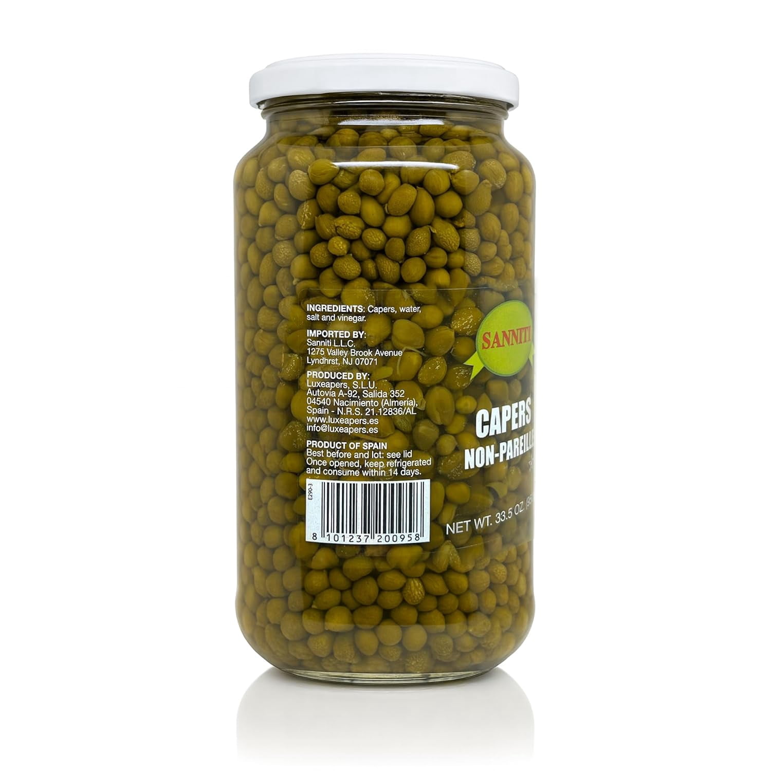 Sanniti Spanish Non Pareil Capers in Vinegar and Salt Brine - 33.5 oz (2 Pack)