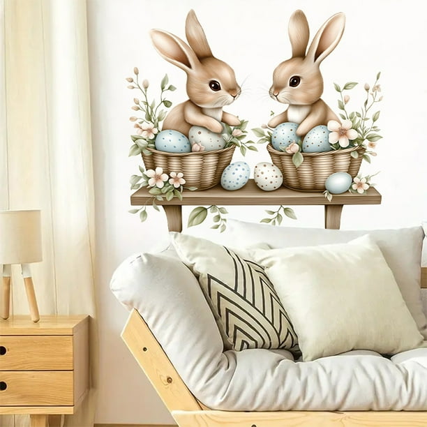 Pegatinas de conejito de Pascua para paredes y puertas | Vinilos removibles con flores y huevos | Decoración infantil, para dormitorio, sala de estar y baño