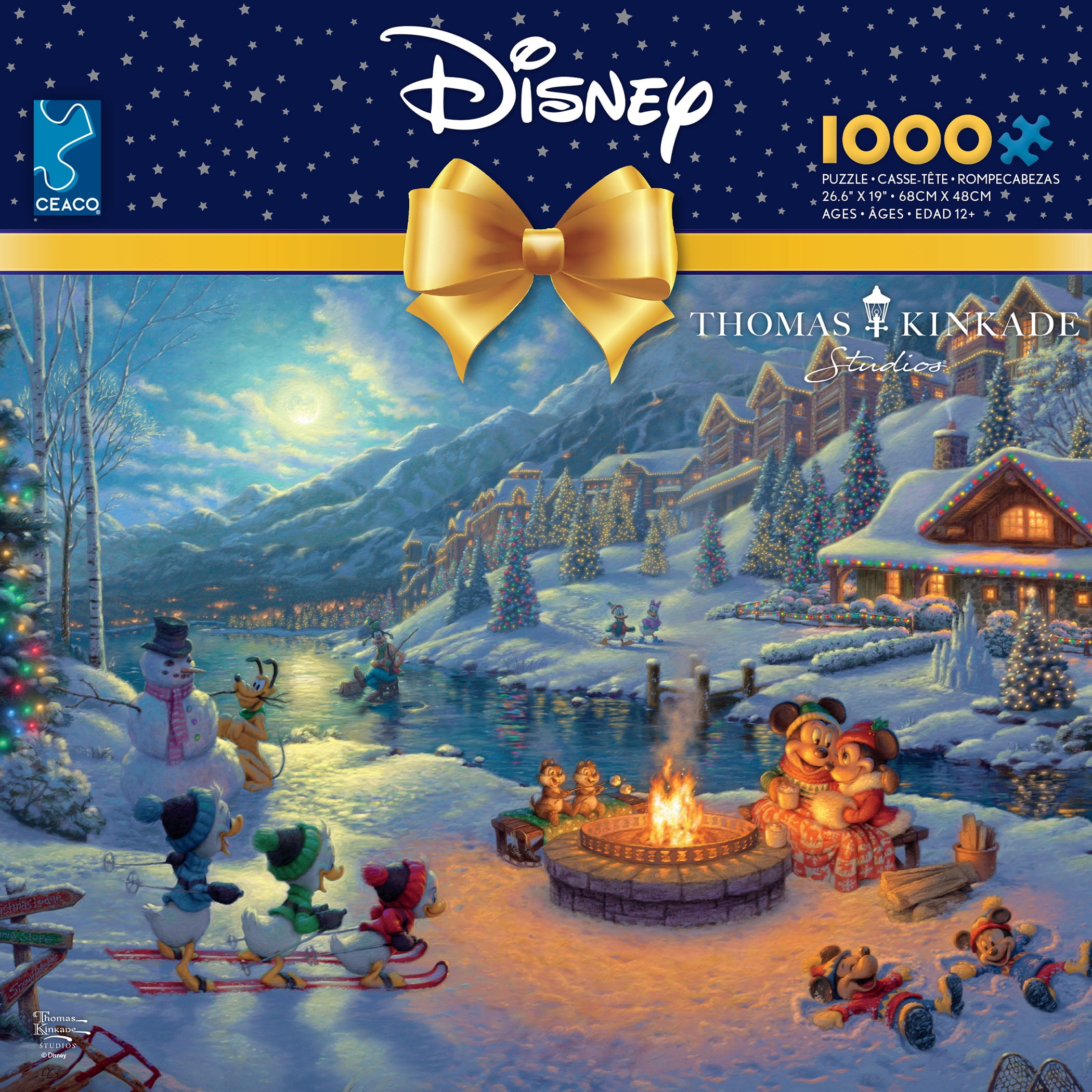 Ceaco Thomas Kinkade Mickey and Minnie Christmas Lodge 1000-Piece Interlocking Jigsaw Puzzle for Adults Ages 14+