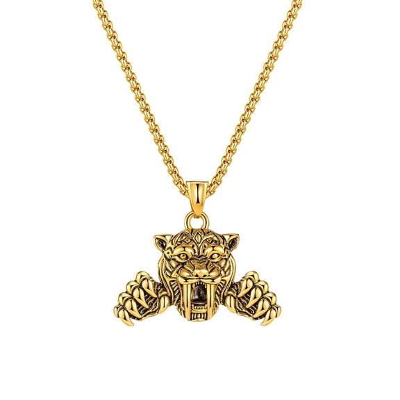 PikaLF Tiger Necklace for Men, Hip Hop Tiger Necklace, Norse Viking Tiger Head Pendant Necklace with 23.6"Chain, Stainless Steel Punk Rock Tiger Pendant, Vintage Animal Tiger Necklace Jewelry