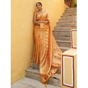 Janasya Women's Yellow Organza Woven Leheriya Saree with Unstitched Blouse Piece