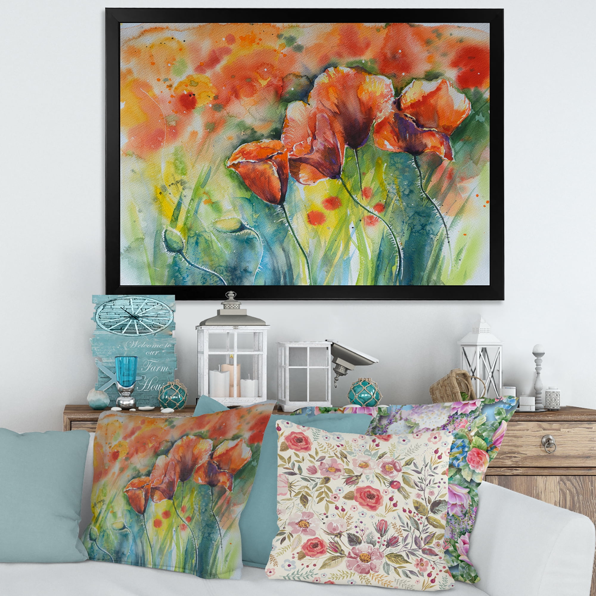 Designart 'Red Blossoming Poppies Over Wild Green IV' Traditional Framed Art Print