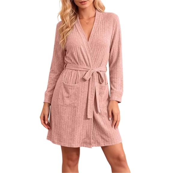 TRUNZI Robes for Women Long Sleeve Ribbed Knit Tie Waist Soft Comfy Loose Loungewear Short Bathrobes with Pockets,Pink,Size L