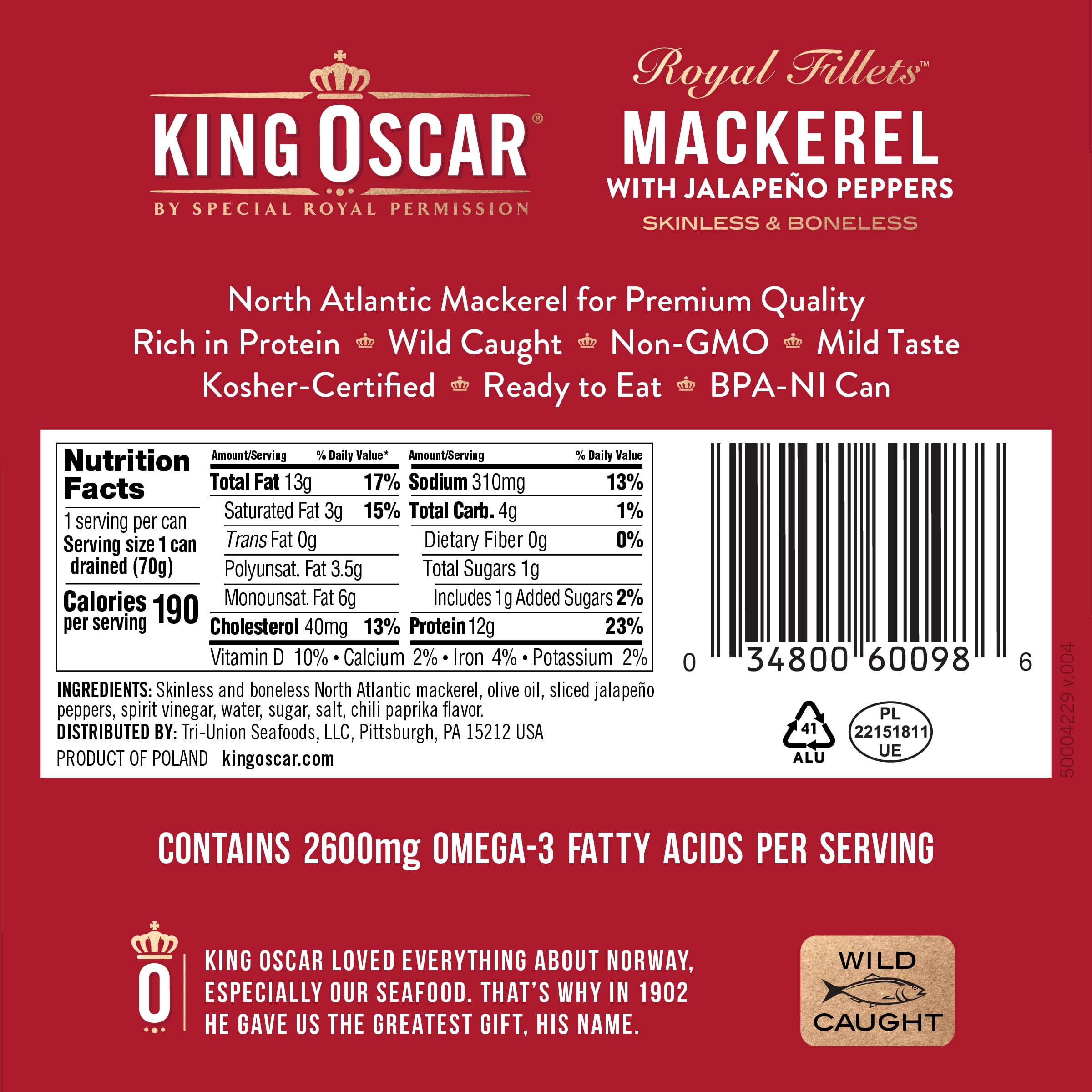 (4 pack) King Oscar Wild Caught Mackerel in Olive Oil with Jalapeño Peppers 4.05 oz