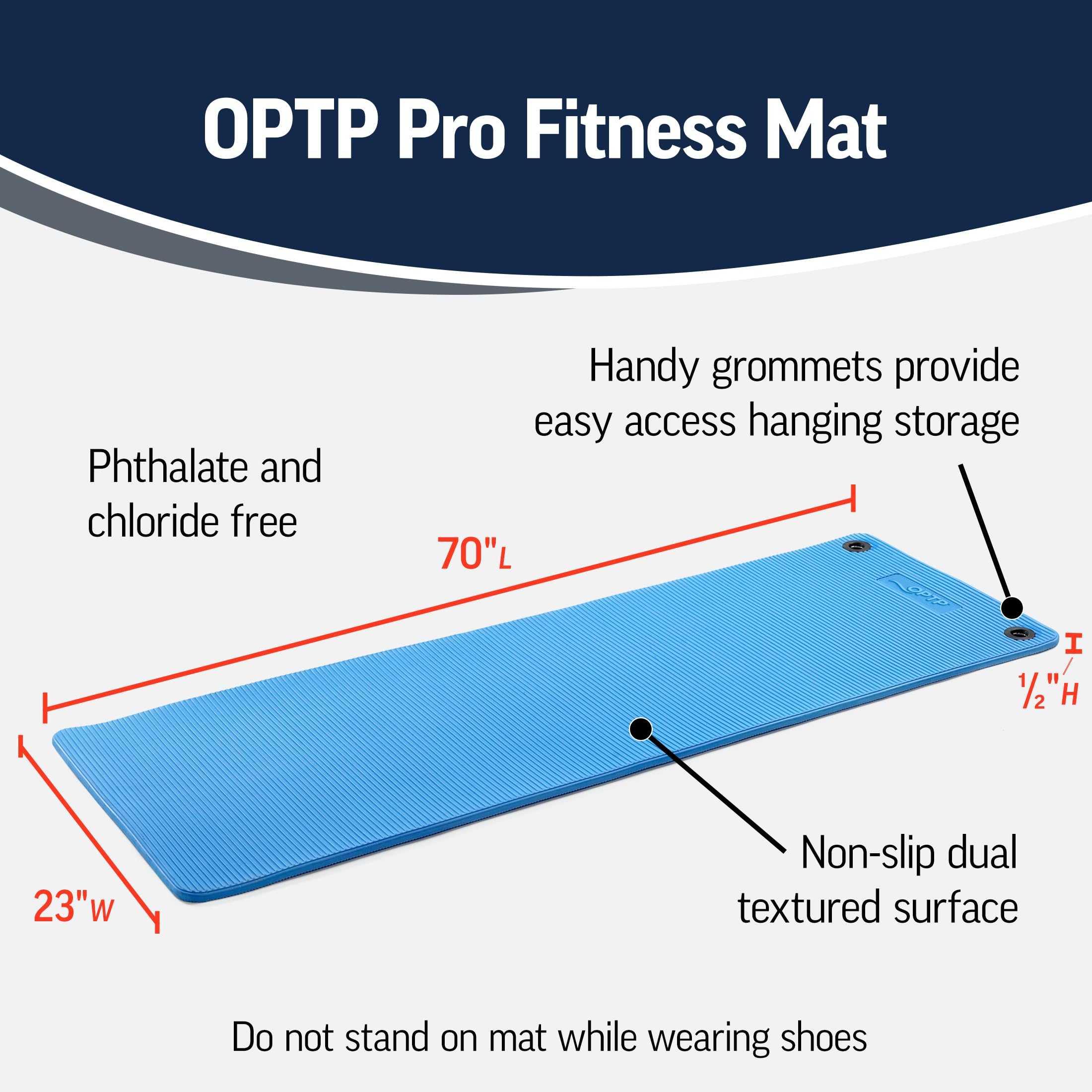 OPTP Pro Fitness Mat - Soft, Half-Inch Thick Indoor or Outdoor Workout Mat - Pilates and Yoga Exercise Mat - Fitness Workout Mat 70 x 23 Inches, Blue