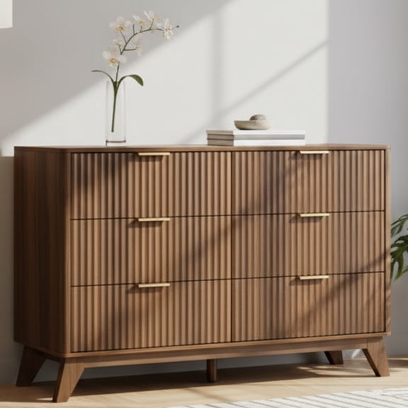 Ktaxon Modern 6 Drawer Dresser Fluted Wood Chest of Drawers with Soft Close Slides Storage Cabinet for Bedroom, Living Room, or Entryway Brown