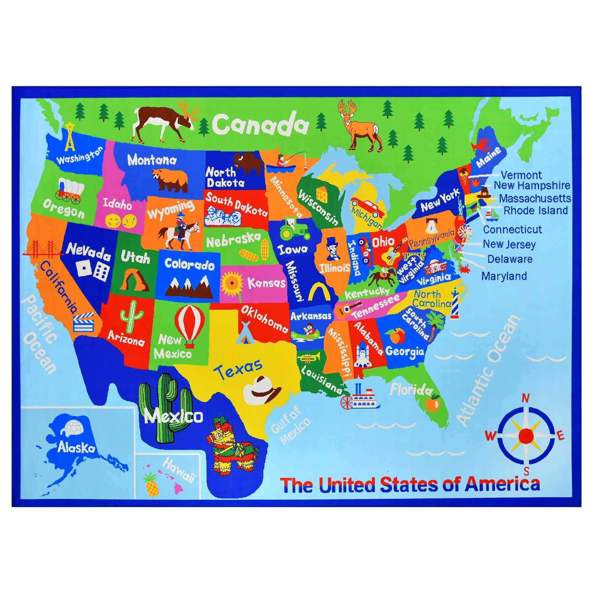 USA Map Kids Educational Play mat for School/Classroom / Kids Room/Daycare/ Nursery Non-Slip Gel Back Rug Carpet-8 by 10 feet