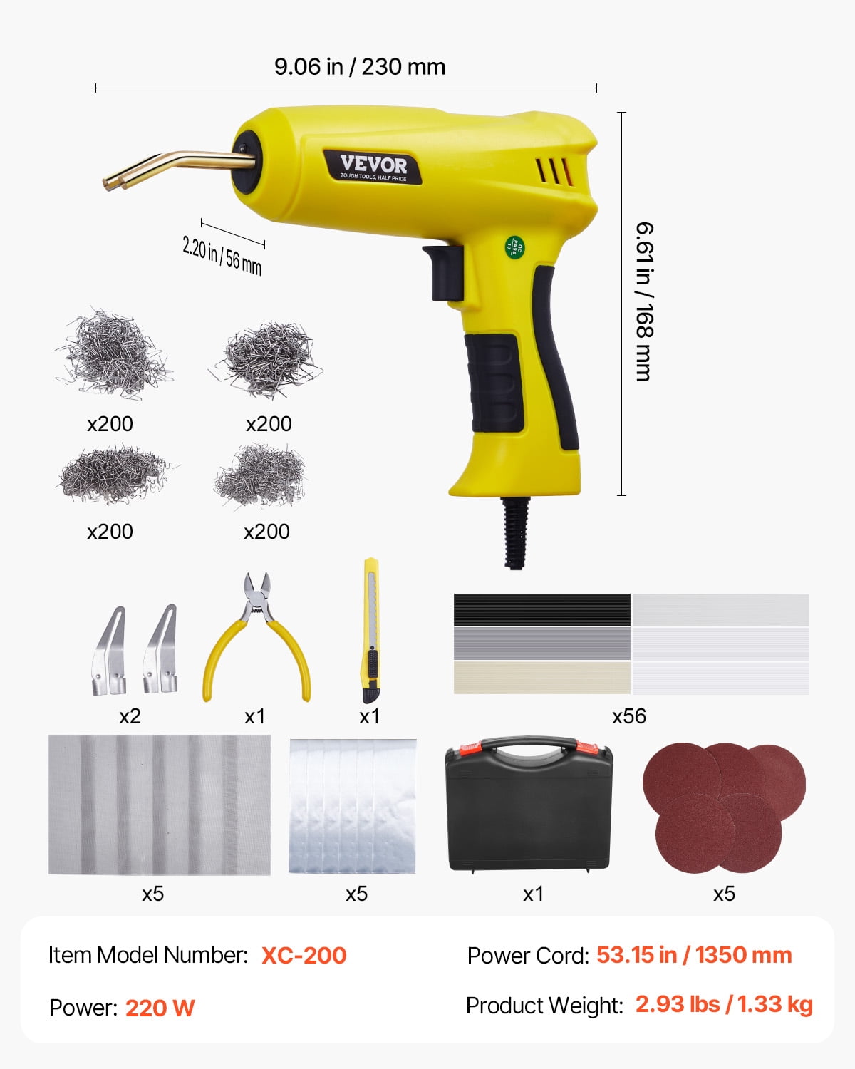 VEVOR Plastic Welding Kit, 220W Plastic Welder Gun with 800PCS Hot Staples & 56PCS Welding Rods, Professional Hot Staple Welding Gun with LED Light, Carrying Case for Kayak, Toys, Car Bumper Repair